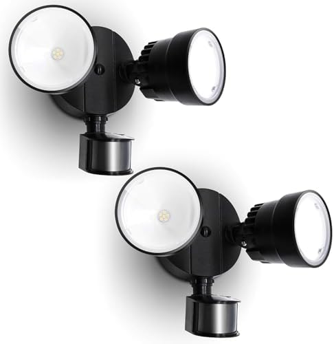 LUTEC Shrimp P6221B-PIR24 2000 Lumen 18 Watt 26 LED Motion Activated Integrated Dual-Head Floodlight Outdoor, IP54 Waterproof Exterior Security Wall Light for Patio, Garden, Yard-Black