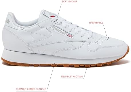 Reebok Classic Leather Sneakers for Men, Casual Tennis Mens Shoes, Footwear White/Pure Grey3/Reebok Gum3, 10