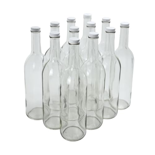 750ml Clear Glass Bottles with Lids, W5 Bordeaux 12-Pack, White Screw Caps | 12 flint flat-bottomed Glass Wine Bottles for home winemaking