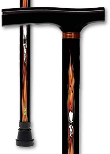 Walking Cane T Handle Derby Aluminum Adjustable Flames and Skulls Design Men or Women