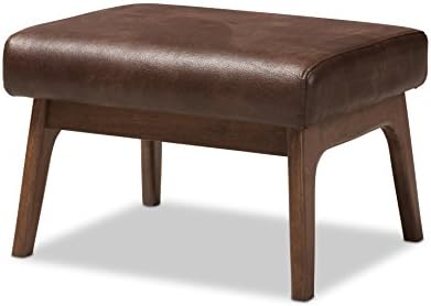 Baxton Studio Birk Mid-Century Modern Walnut Wood Dark Brown Distressed Faux Leather Ottoman
