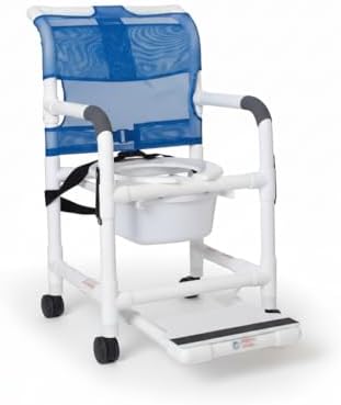 Rolling Shower Chair with Wheels & Drop Arms, Mesh Seat, 4 Locking Casters, Seat Belt, Sliding Footrest, Commode Pail – Fits Over Toilet