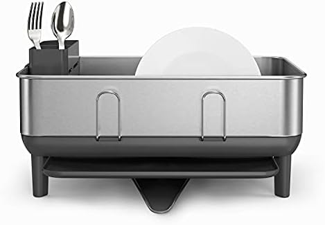 simplehuman Steel Frame Dishrack, Large Capacity Dish Drying Rack, 360º Easy Drain Swivel Spout, Utensil & Wine Glass Holder, Anti-Residue Coating