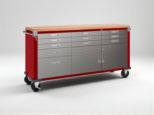 Heavy-Duty Rolling Workbench with Drawers and Cabinet, 77" W x 20" D x 37.5" H, (Red, 11 Drawer)