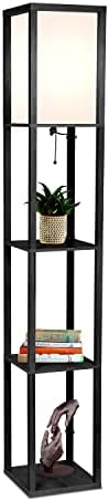 Brightech Maxwell - Modern Shelf Floor Lamp with Lamp Shade & Warm White LED Bulb, Corner Display Floor Lamp with Shelves for Living Room, Bedroom, Nightstand Office, Home Decor Storage - Natural Wood