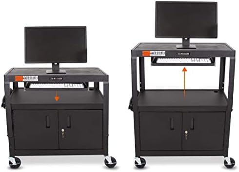 Line Leader AV Cart w/Locking Cabinet, Black Metal Utility Cart with Storage Shelf - Height Adjustable, Mobile and Great for Offices, Classrooms, Libraries (Black, 24in x 18in)