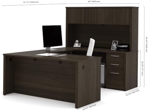 Bestar Embassy 66W U-Shaped Executive Desk with Pedestal and Hutch in Dark Chocolate | With Pedestal and Hutch, with Narrow Desk Shell, Desk Shell