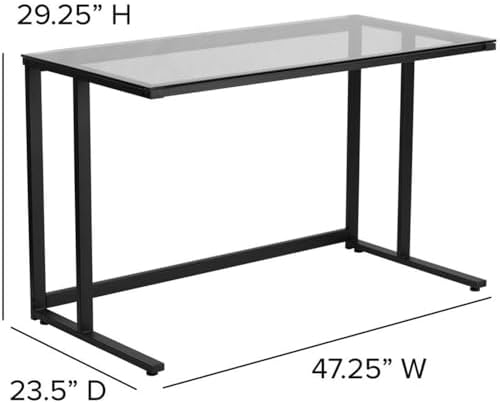 Flash Furniture Singleton Glass Desk with Black Pedestal Metal Frame | Tempered Glass Surface, Powder Coated Metal Frame