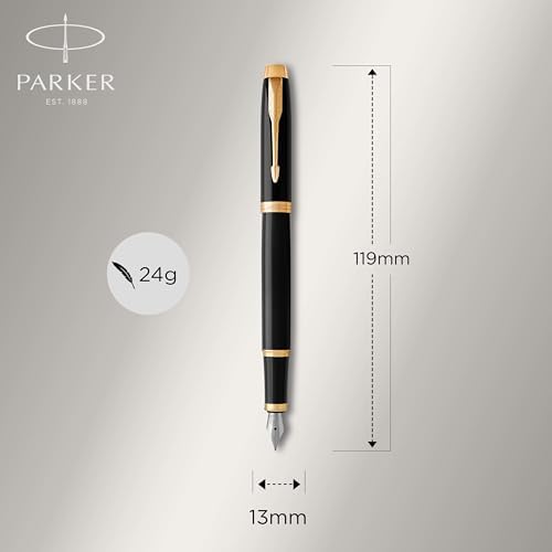 Parker IM Fountain Pen, Black Lacquer Gold Trim, Medium Nib with Blue Ink Refill, Gift Box (1931652)
