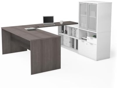 Bestar i3 Plus 72W U-Shaped Executive Desk with Frosted Glass Doors Hutch in bark Grey