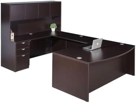 Boss Office Products Belarus Executive U-Shape Curved Bow Desk with Hutch and File Storage Pedestal, 71", Mocha