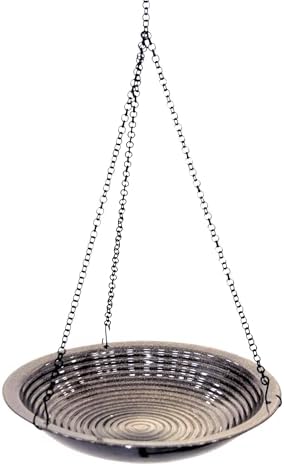 BYER OF MAINE Circles Hanging Bird Bath, Porcelain, Glaze Finish, Adjustable Chain, Sandy Granite, 14”x14”x34” adj