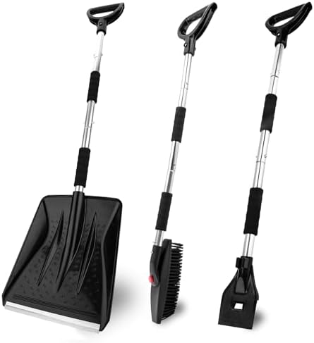 3-in-1 Portable Snow Shovel Kit with Ice Scraper and Snow Brush | Emergency Collapsible Design Snow Remover Set for Garden, Camping, Car