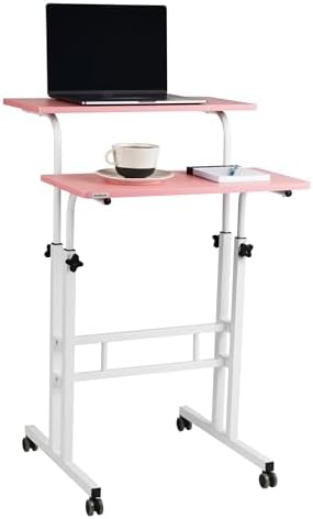 Mind Reader Standing Desk, Adjustable Height Laptop Workstation, Portable Rolling Desk on Wheels, Two-Tier Metal Frame, Black