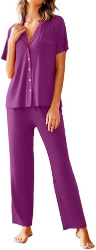 Avidlove Women Pajamas Set Notch Collar Soft Sleepwear Pjs Short Sleeve Button Down Nightwear with Long Pants