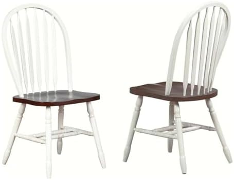 Sunset Trading Andrews Windsor Arrowback Dining Side Chair | Two Tone Antique White Chestnut Brown Solid Wood | Set of 2 Fully Assembled Sidechairs