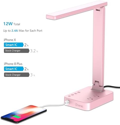 Drevet LED Desk Lamp for College Dorm Room, Desk Light with 1 USB Charging Port 2 AC Power Outlet, 3 Lighting Modes, 3 Level Brightness Touch Lamp