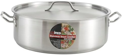 Winco 15 qt Stainless Steel Brazier Pan with Lid | Flat bottom, Wide base, Riveted handles, Induction safe, Great for Braising, Simmering, Batch Cooking and Restaurant Kitchens