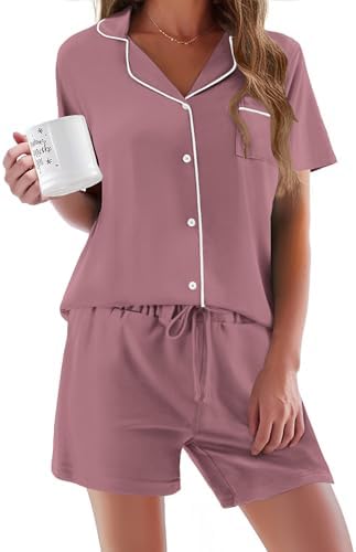 Ekouaer Pajamas Set for Women Short Sleeve Sleepwear Button Down Pj XS-XXXL | Summer 2 Piece Lounge Set, Soft Fabric, Drawstring Waistband, for Bridesmaid Bride Party, Plus Size, Petite, Cute Pattern