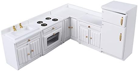 1:12 Scale Dollhouse Kitchen Furniture Set, 5 Piece Wooden Miniature Kitchen Accessories with Cabinet, Fridge, Sink, Corner Cabinet