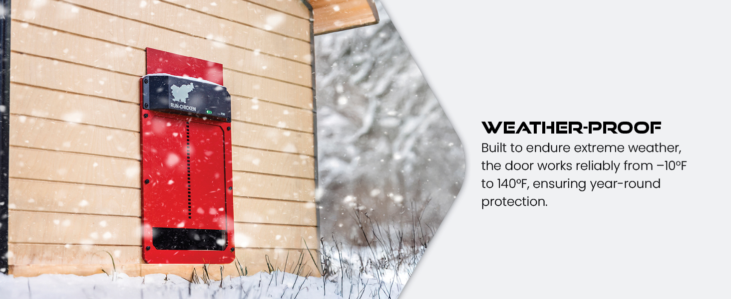 Weather-proof coop door T50 stands strong in all conditions.