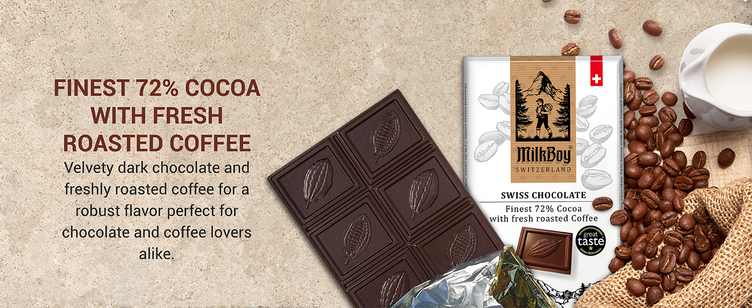 Milkboy Swiss Dark Chocolate with Coffee - 72% Cocoa Chocolate Bars - Gourmet Dark Chocolate Bars