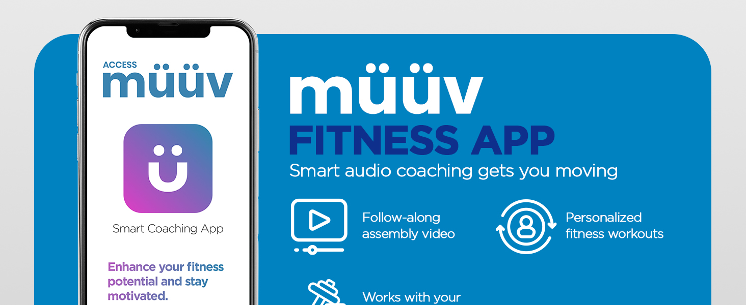 Key features of the müüv fitness app. Text reads: Smart audio coaching gets you moving.