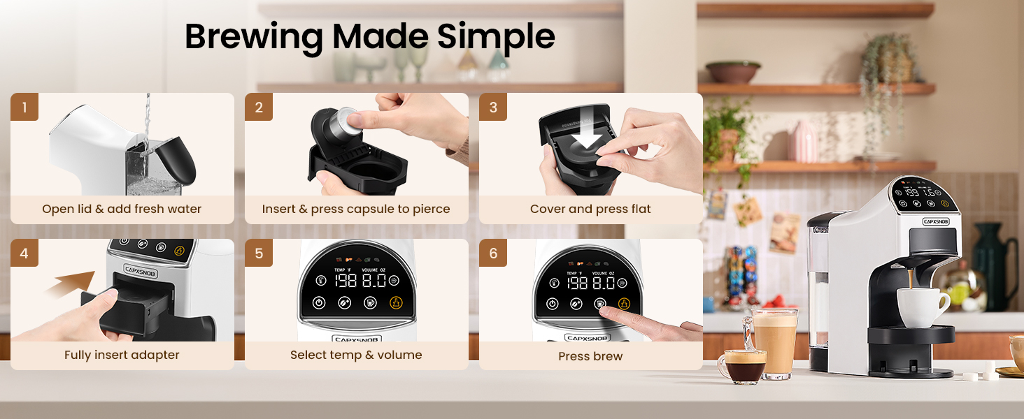 Step-by-step guide showing how easily the Magician2 Mini coffee machine brews a fresh capsule cup.