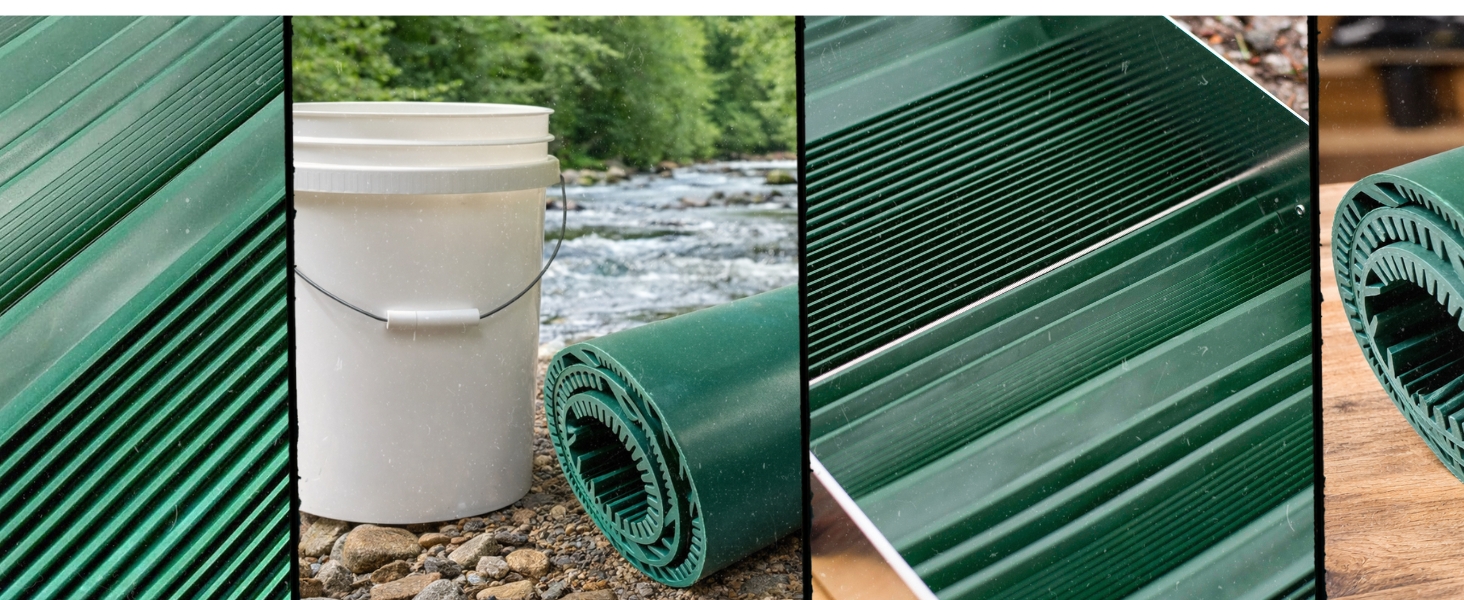 lifestyle photo collage of rubber riffled sluice box matting