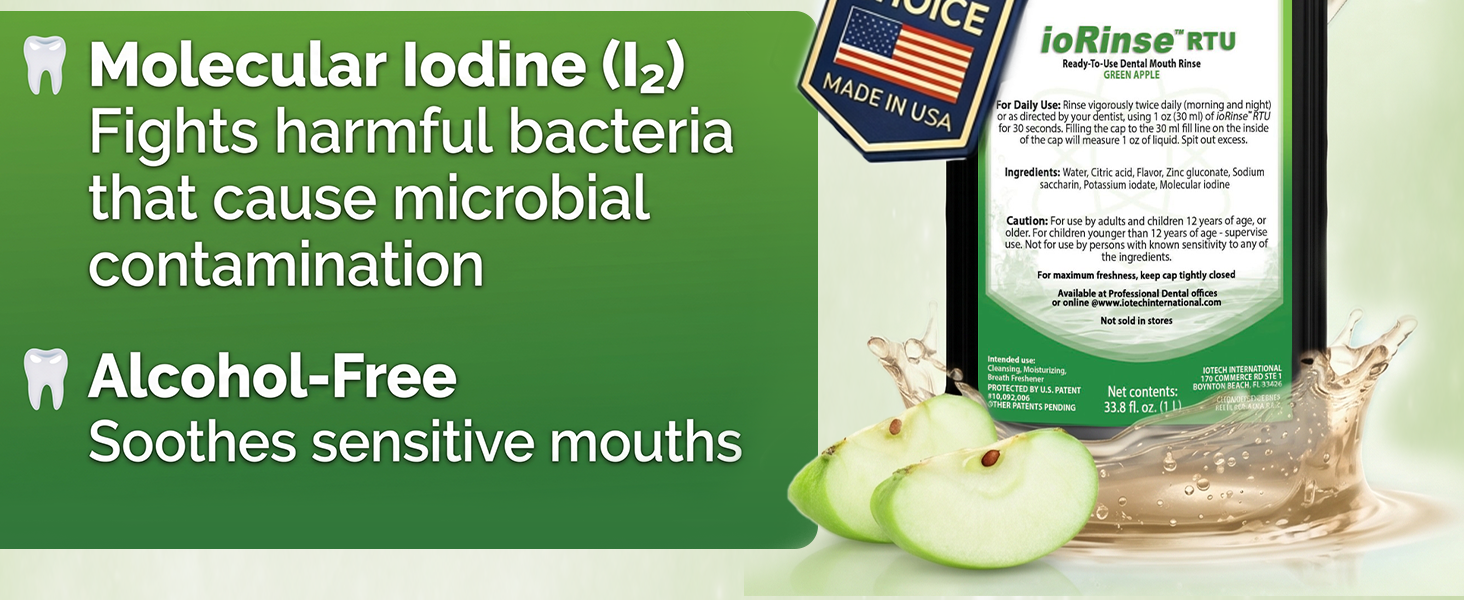 Alcohol-free oral rinse with molecular iodine and fresh apple flavor
