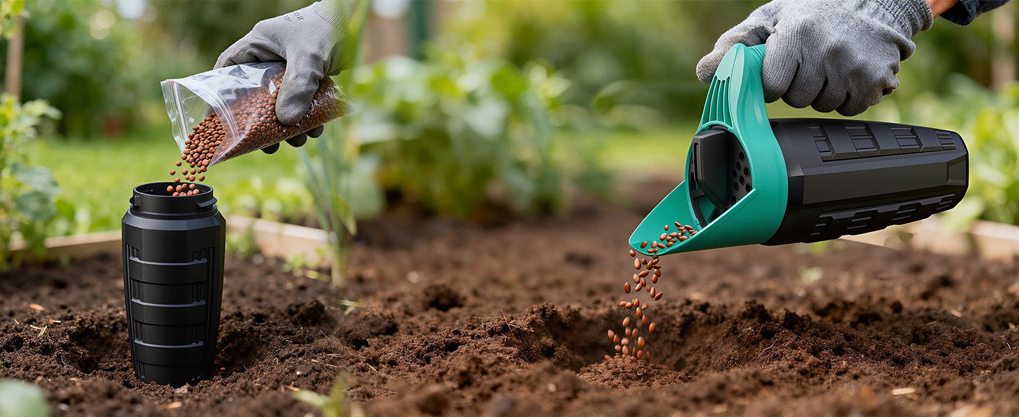 Hands wearing gloves using gardening tools to plant or transplant seedlings into soil, demonstrating proper planting technique.