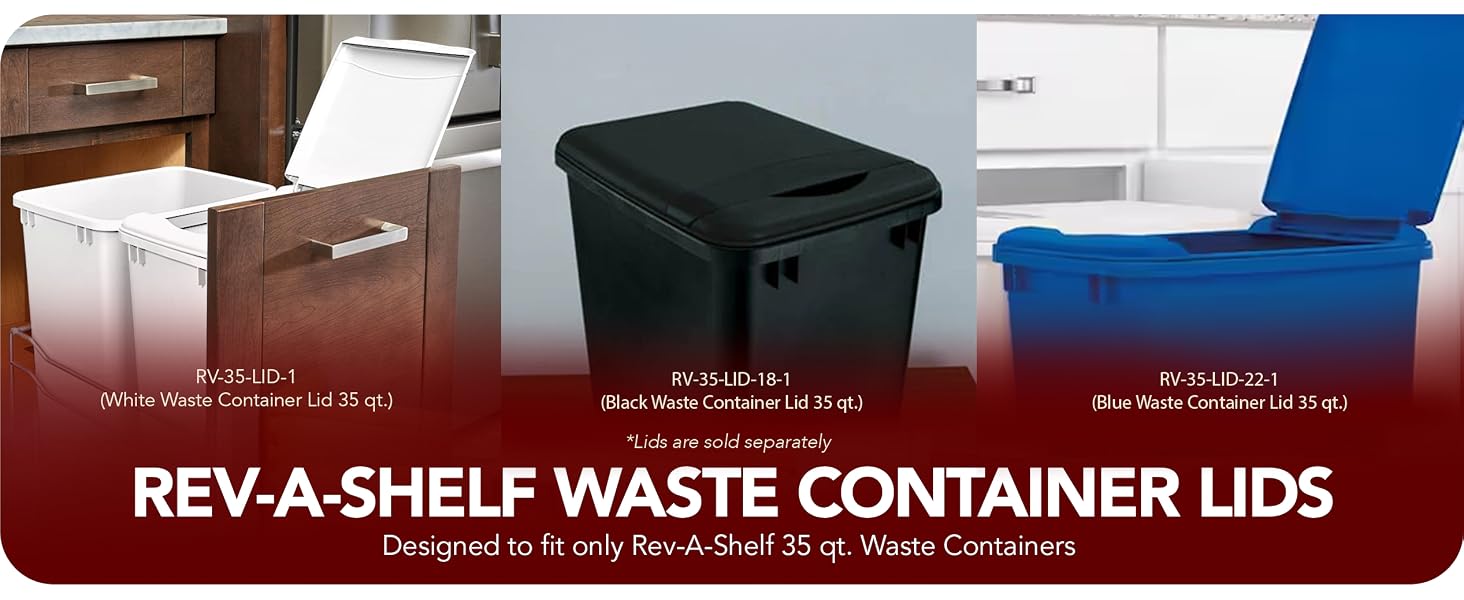 Different type of waste can lids. Text reads: Rev-A-Shelf Waste Container Lids.