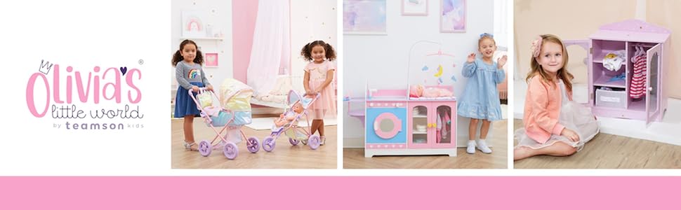 Olivia's Little World logo and three product images