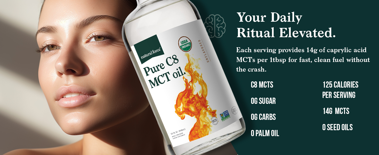 c8 mcts,0g sugar,0g carbs,0 palm oil,125 calories per serving, 14g MCTs, 0 Seed oils