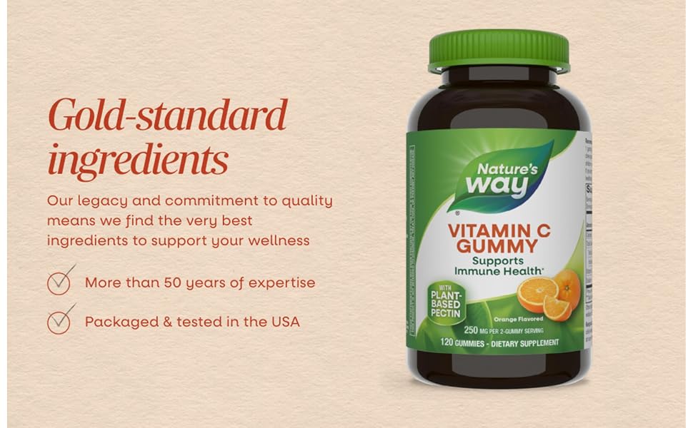 Bottle of Nature's Way Vitamin C Gummies next to text