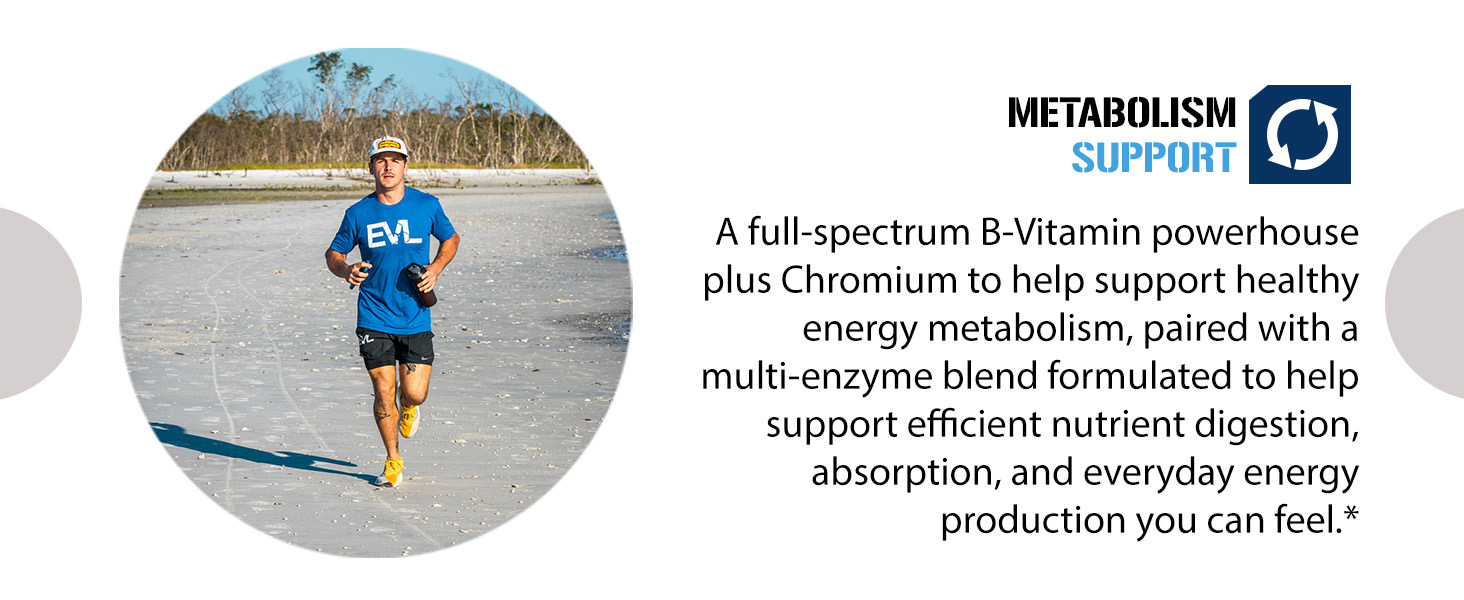 Male athlete running on beach. Vitamode metabolism support with B-Vitamins, chromium, enzymes.*