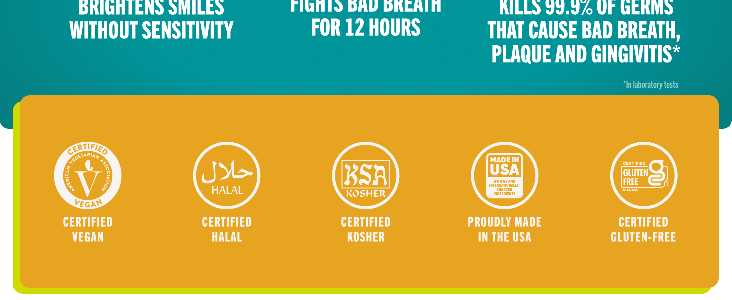 five circular certification logos labeled vegan halal kosher proudly made in the usa and gluten free