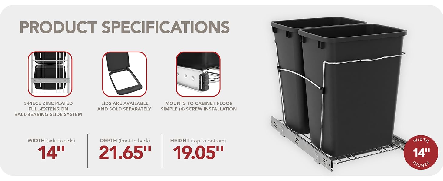 Waste container specifications with dimensions &amp;amp; other details. Text Reads: Product Specifications.
