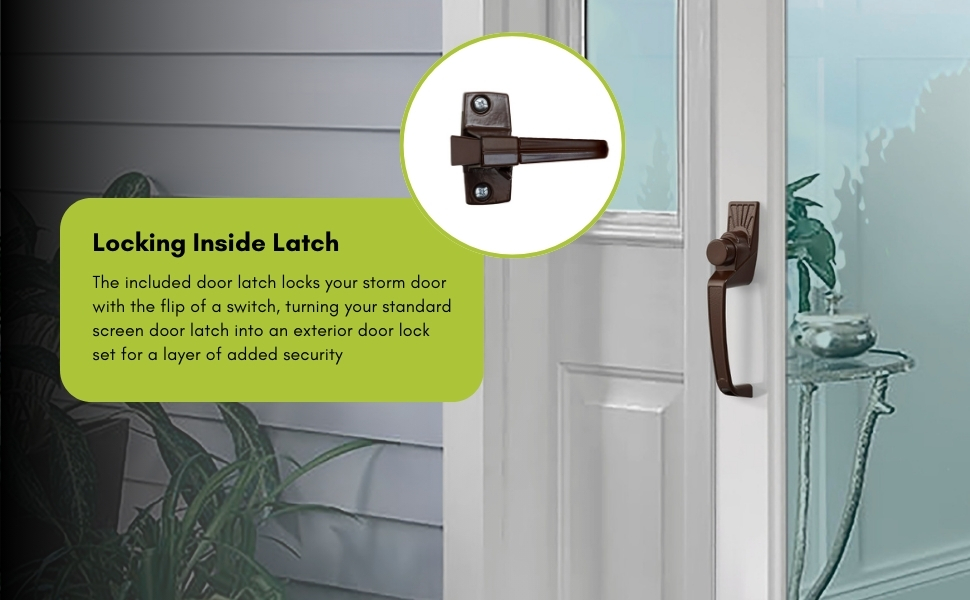 push button, storm door, screen door, latch, door, door handle, handle button, door hardware