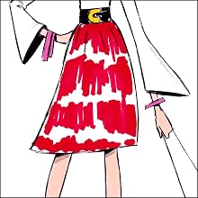 fashion illustration of a woman in a red and white print skirt with a large belt and pink bangles