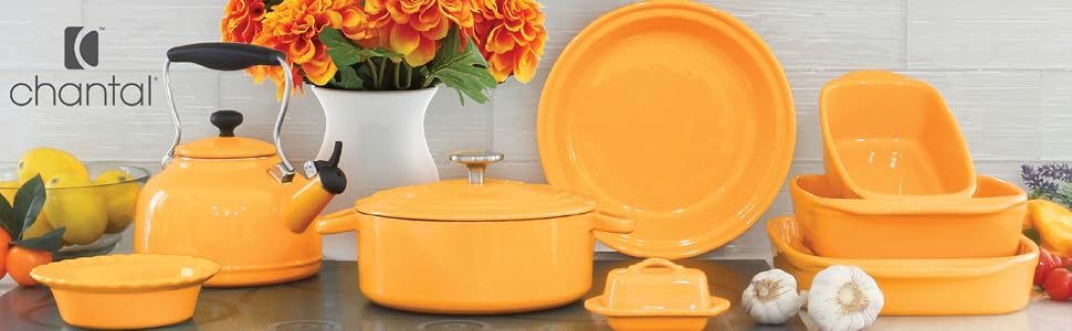 Chantal assorted Cookware and Bakeware on a kitchen counter with flowers and logo