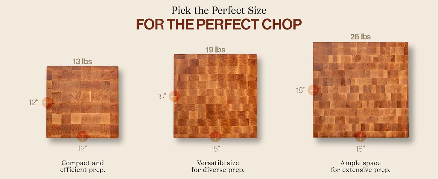 Text reads: Pick the perfect size for the perfect chop. Images of board variations.