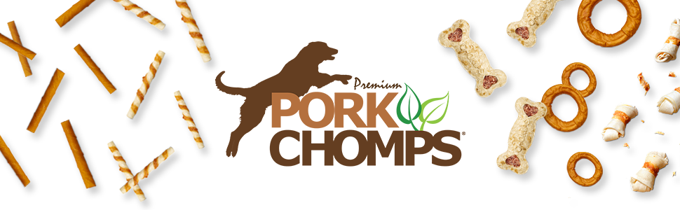 Pork Chomps logo with falling treats