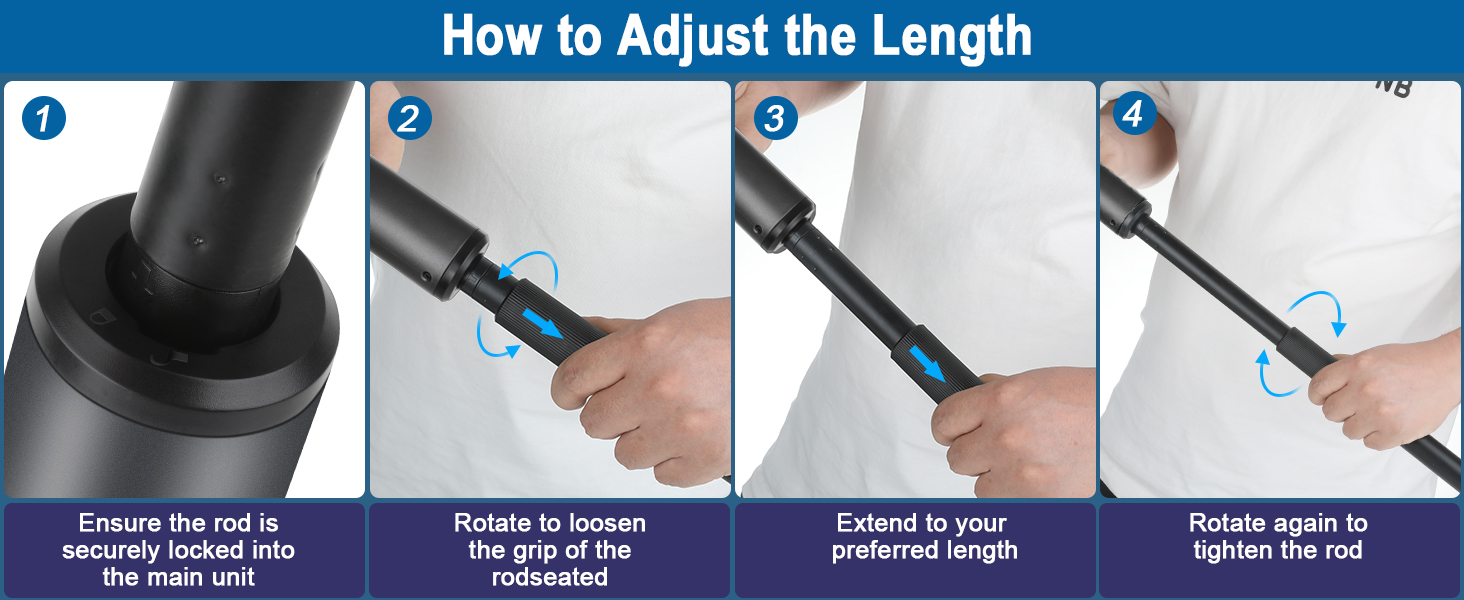 Text reads 'How to Adjust the Length'. Step-by-step instruction panels showing process of adjusting an extendable rod, with blue indicators highlighting action points and numbered steps 1-4.