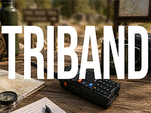 BF-F8HP PRO on a field desk with bold TRIBAND text highlighting multi-band amateur use.