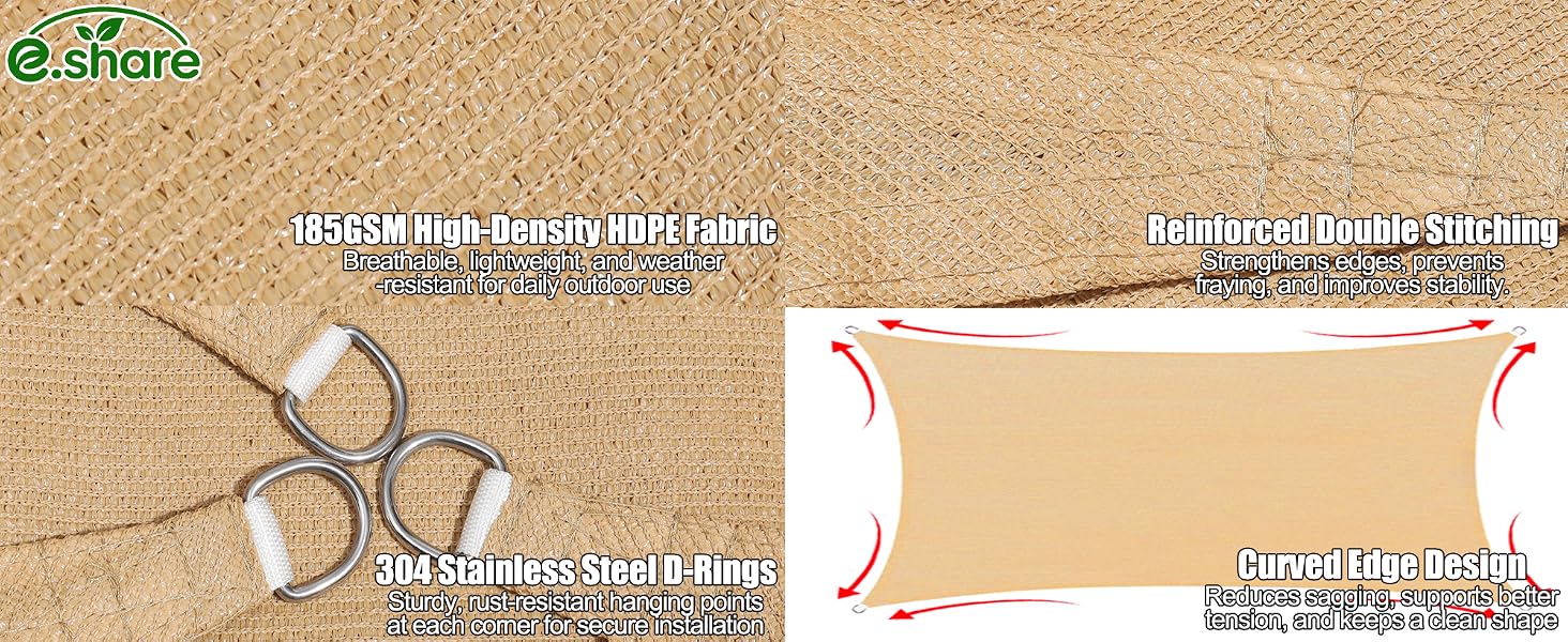 185GSM HDPE fabric,Reinforced double stitching,304 stainless steel D-ring,Curved edge design