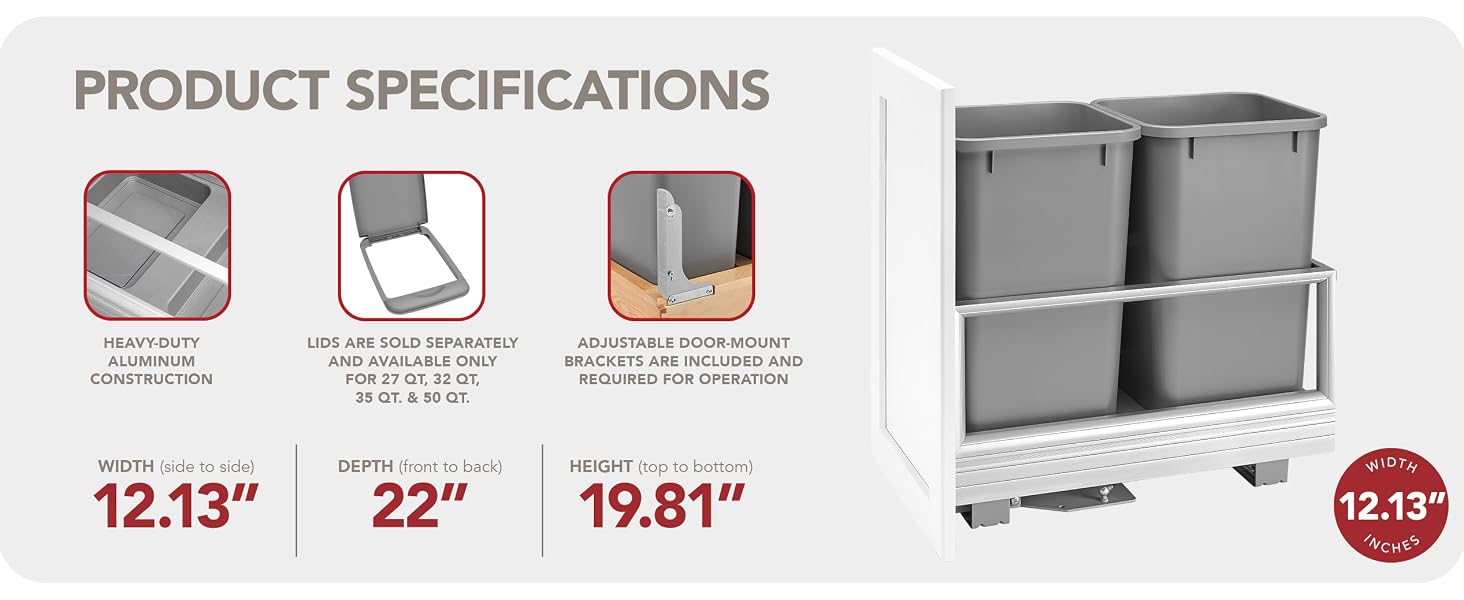 Aluminum Bottom Mount Pullout Waste Container Product Specifications