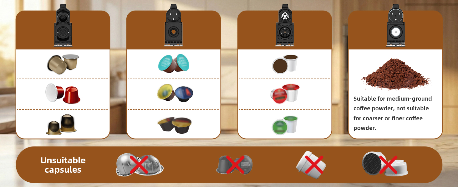 Compatible with many brands of capsule coffee and ground coffee