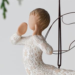 Close up detail of angels hands raised to mouth.