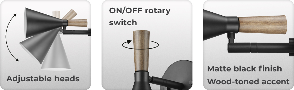 adjustable heads, rotary switch, matte black finish with wood-toned accent